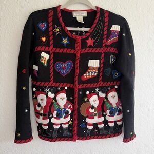 Vintage Studio Works Christmas Ugly Sweater Cardigan Petite Small Santa Tree‎